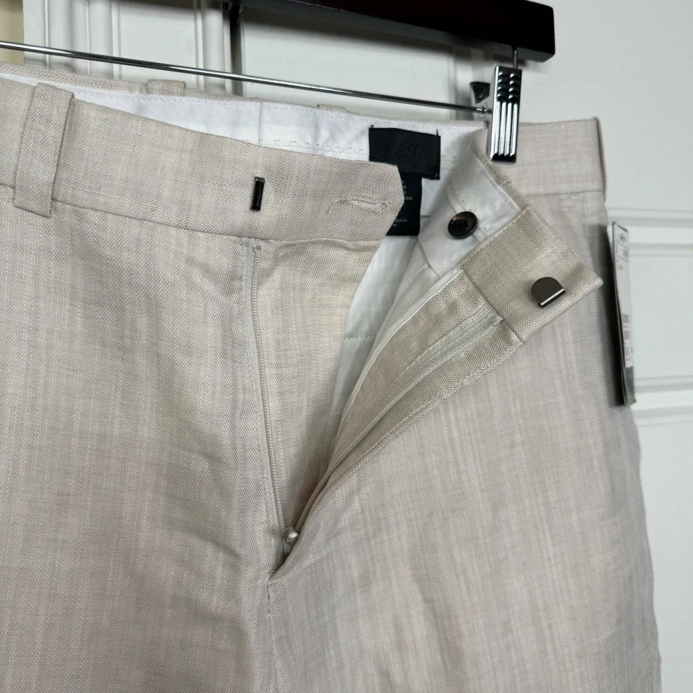 H&M Linen Blend Dress Pants Mens 33R (33/32) Beige Flat Front Summer Trouser NWT